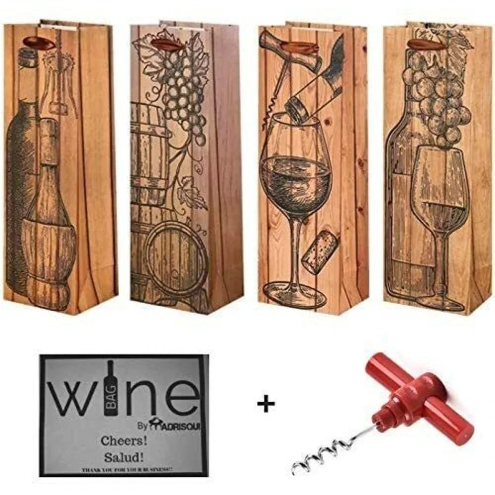 Set of 4 Elegant Wine Gift Bags w/ Bonus Corkscrew Bottle - Printed Luxury Bags